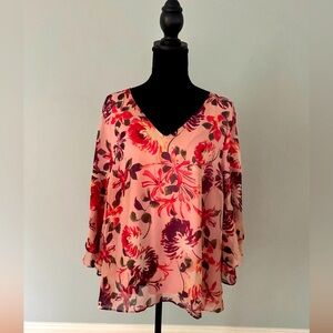 Lane Bryant Floral V-Neck Blouse - Pink and Red